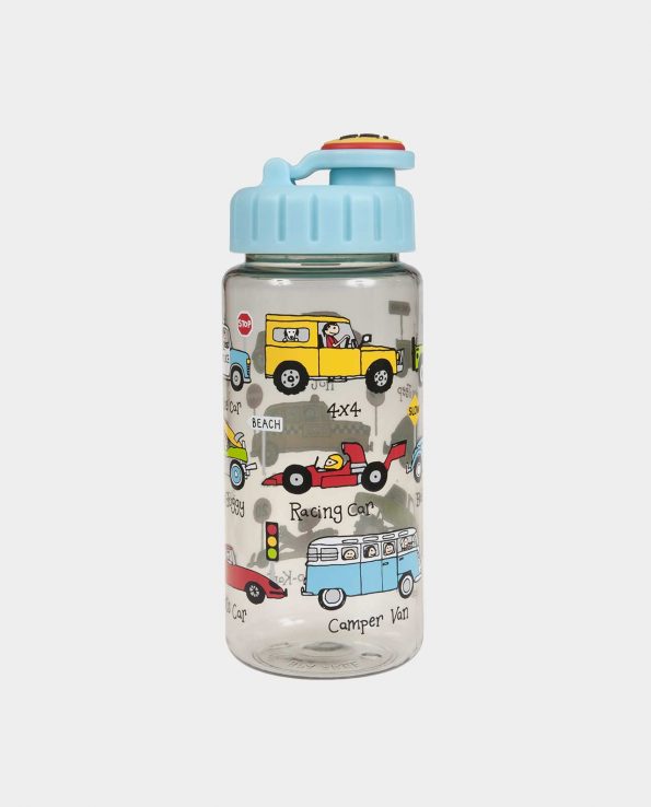 Botella de la marca Tyrrel Katz con pajita modelo coches