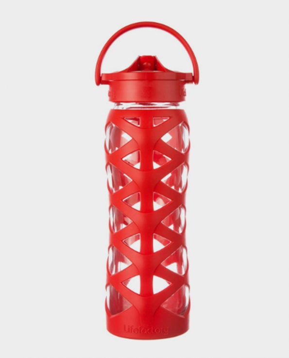 Botella de cristal endurecido anticaidas con refuerzo de silicona de 650ml de color rojo axis y tapa con pajita de lifefactory