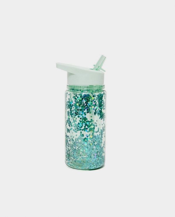 Botella para niño transparente de plástico ecológico sin tóxico con pajita purpurina mint