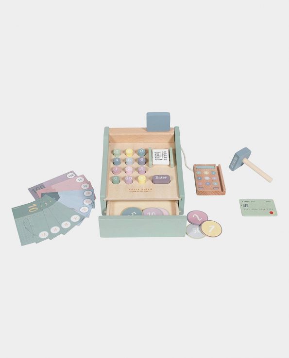 Caja Registradora de madera color verde Menta Little Ducth juego simbolico tienda montessori waldorf reggio emilia